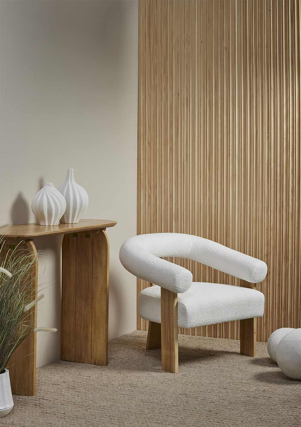 Remir Curved Boucle Timber Armchair - White