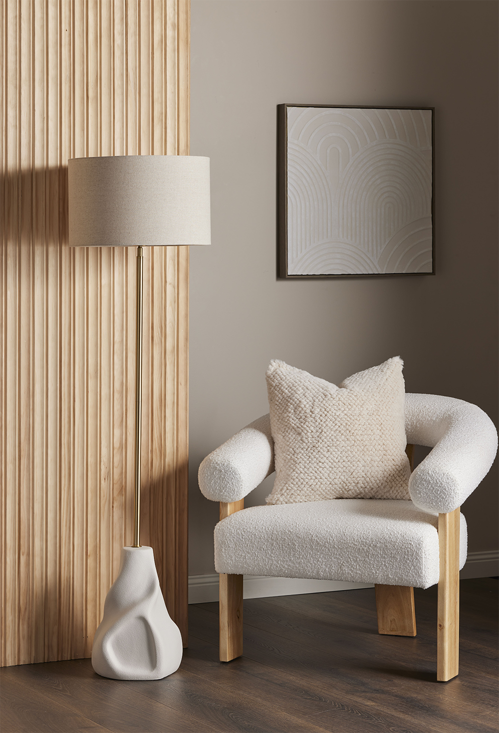 Remir Curved Boucle Timber Armchair - White
