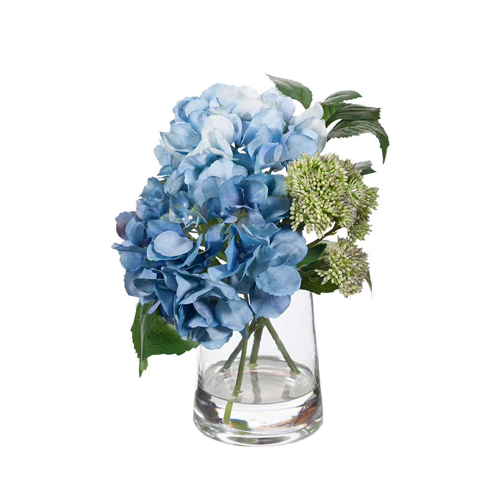 Hydrangea Sedum Mix In Glass Vase Artificial Plant