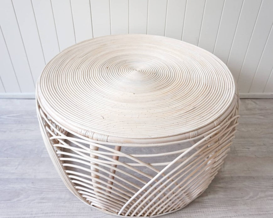 Linda Rattan Round Coffee Table - White Washed