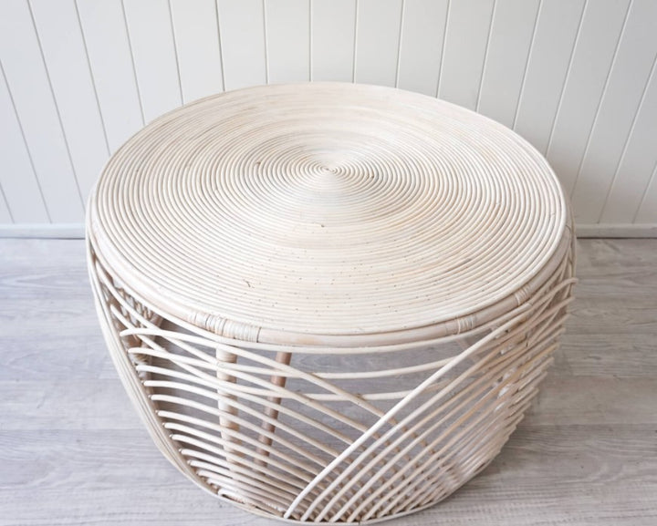Whitewashed Rattan Table Linda Rattan Round Coffee Table - White Washed – Comeo Home